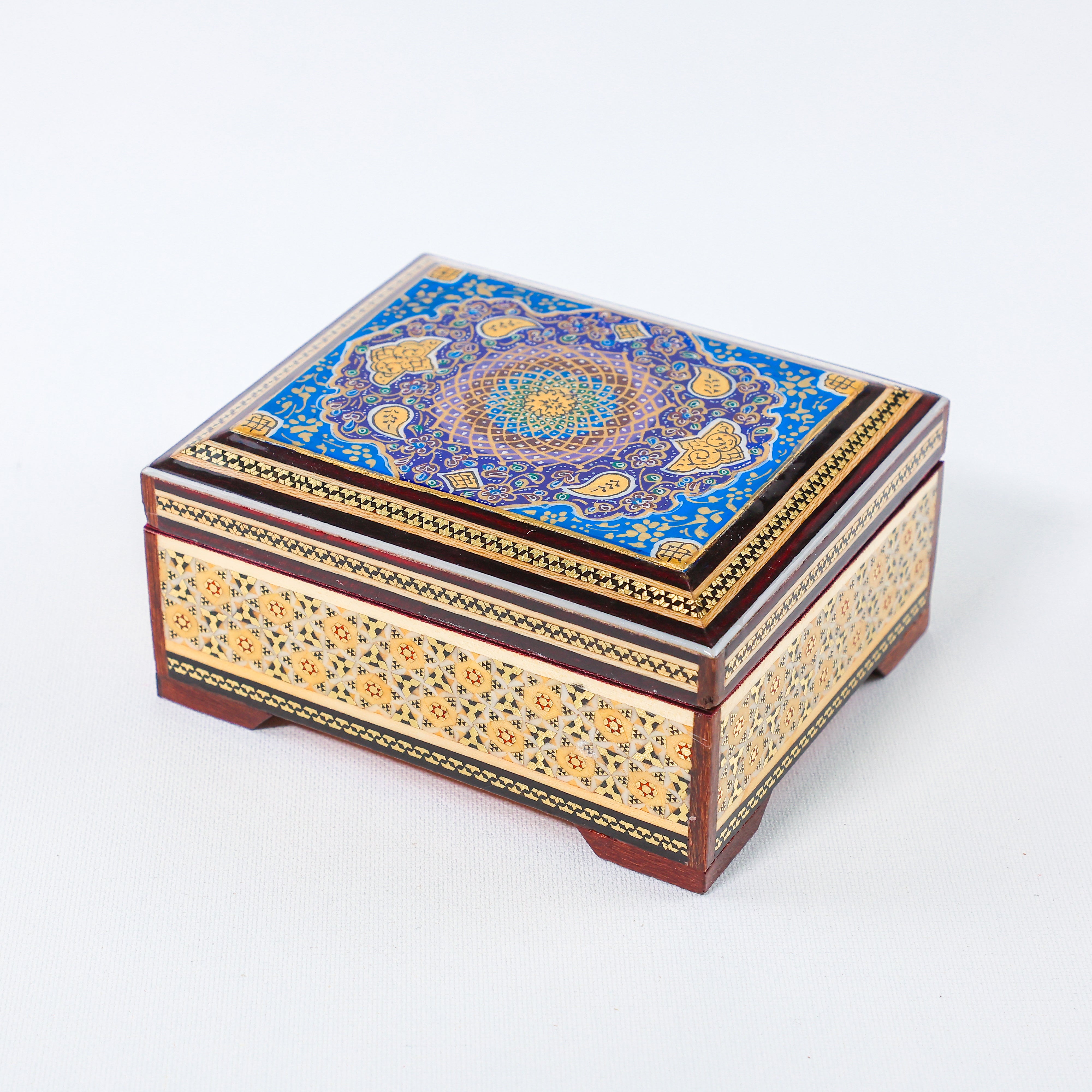 Jewelry Box – Khatam with Tazhib Painting – Velvet Interior – Size 10 × 12 cm