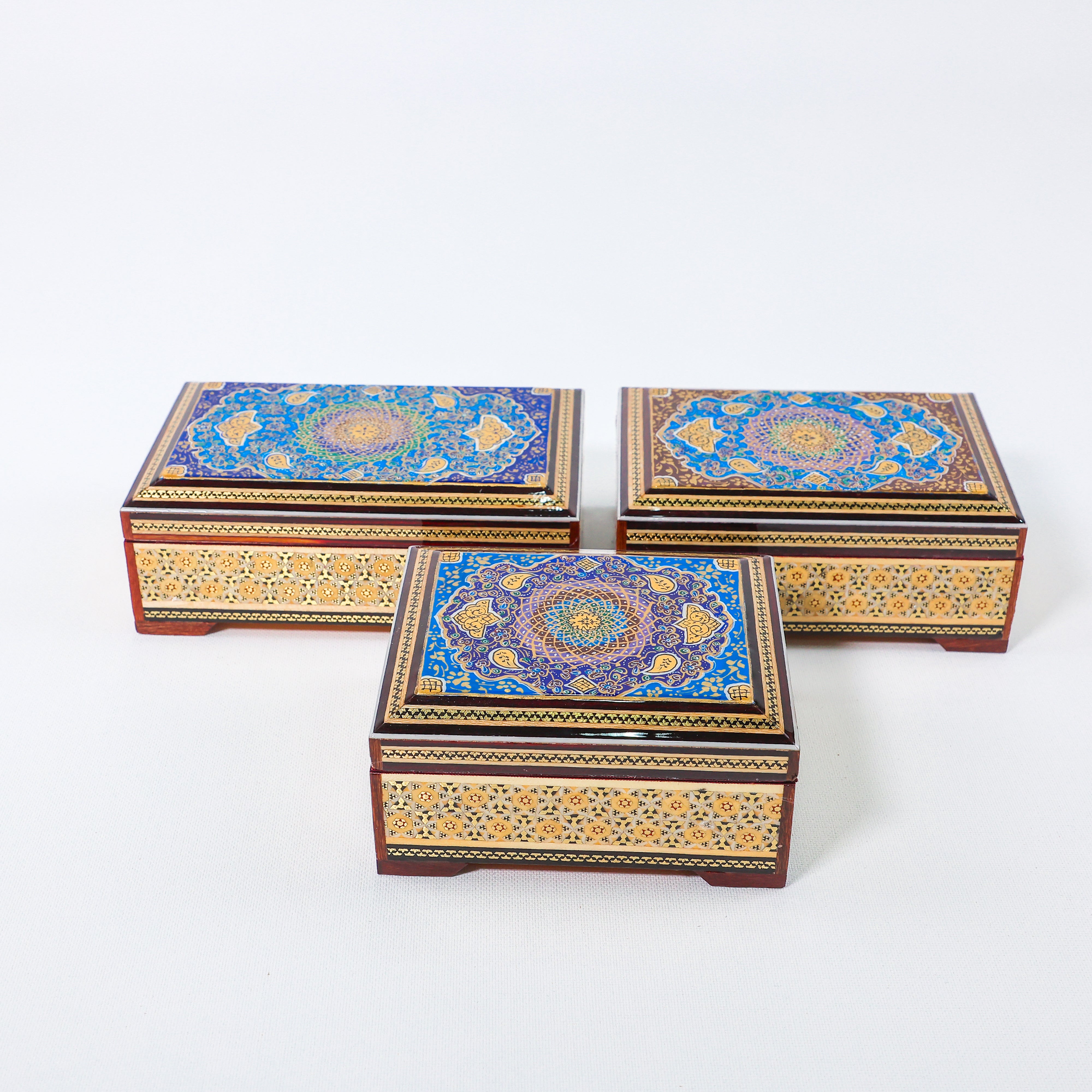 Jewelry Box – Khatam with Tazhib Painting – Velvet Interior – Size 10 × 12 cm