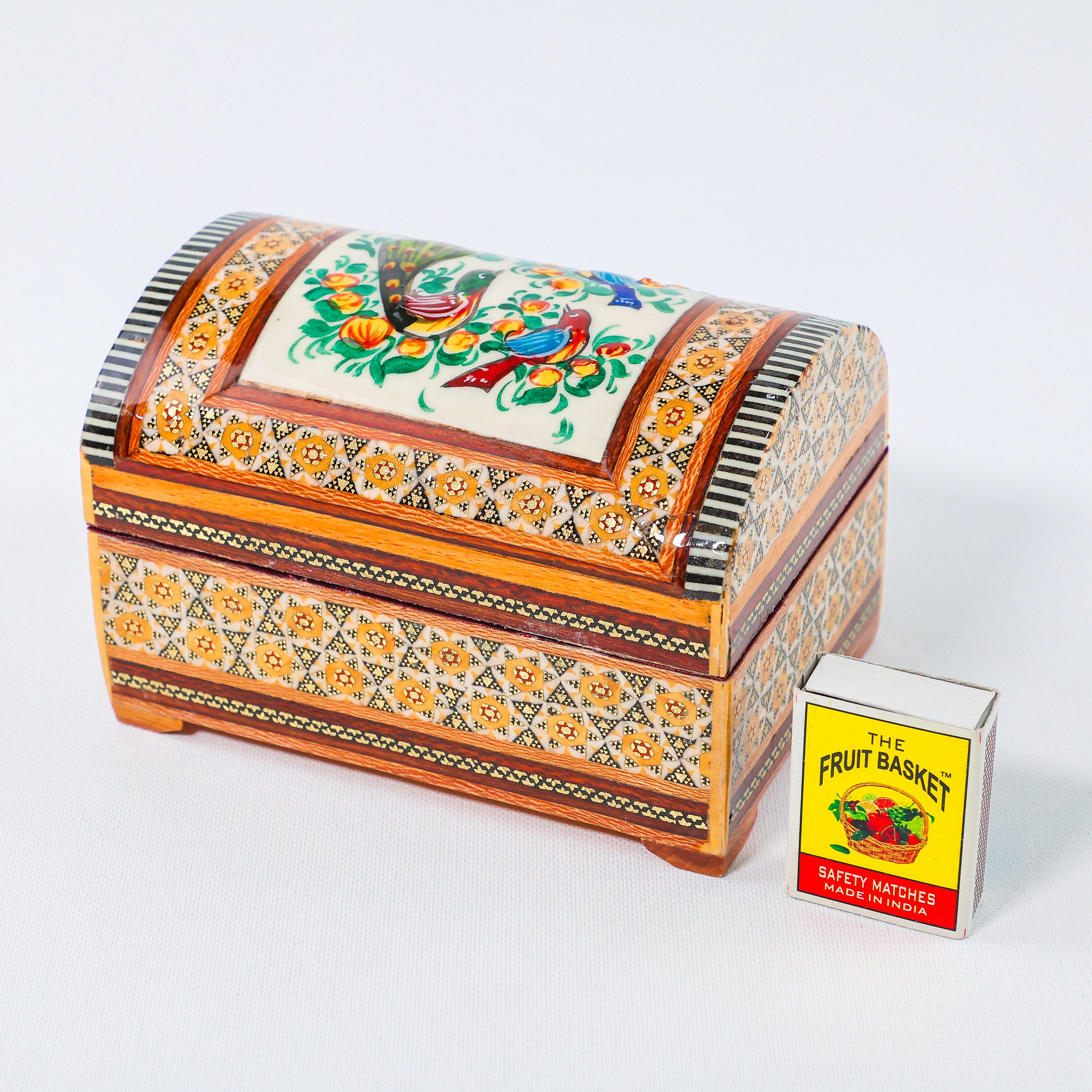 Khatam Chest – Flower & Bird Painting – Velvet Interior – Size 10 × 16 cm