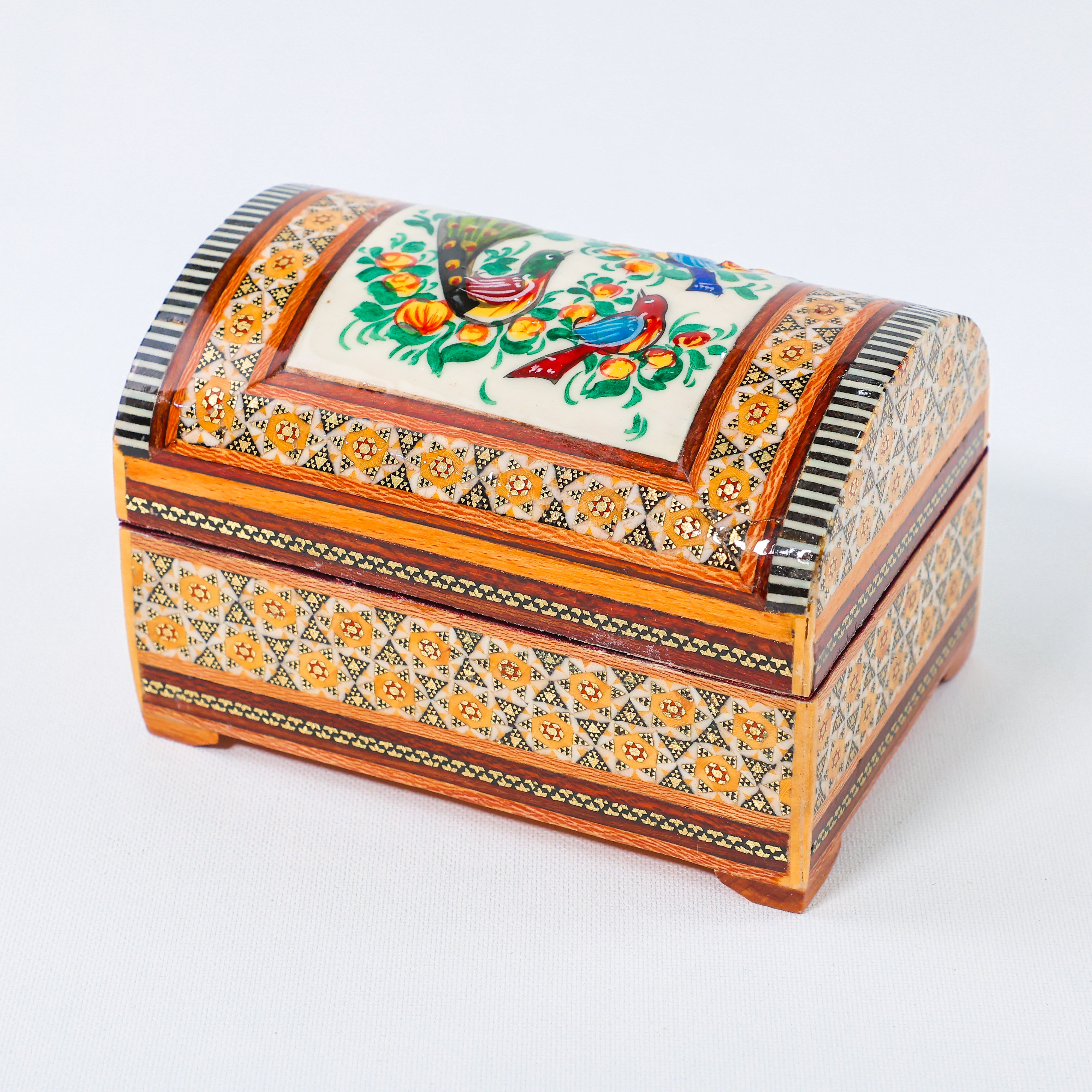 Khatam Chest – Flower & Bird Painting – Velvet Interior – Size 10 × 16 cm