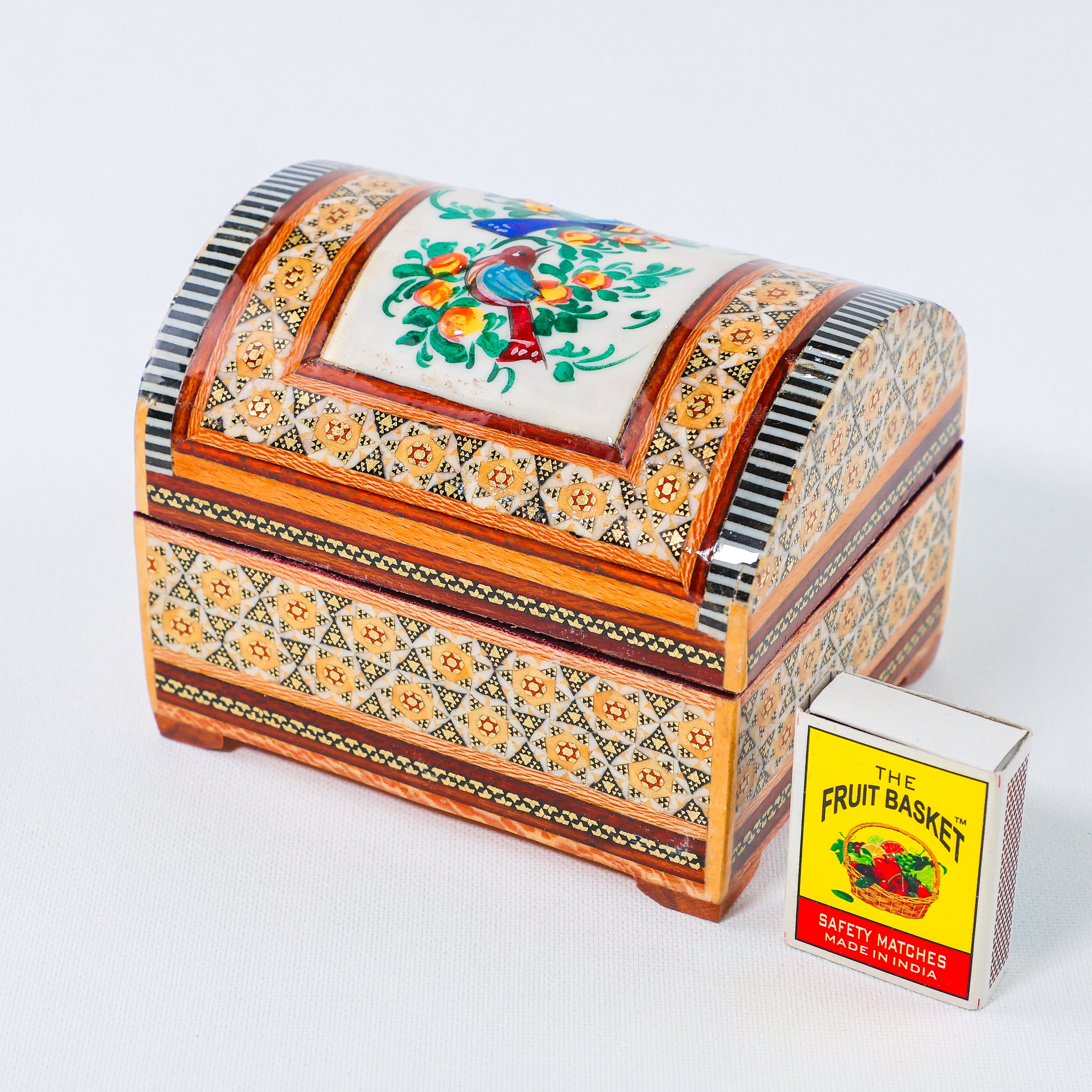 Khatam Chest – Flower & Bird Painting – Velvet Interior – Size 10 × 14 cm