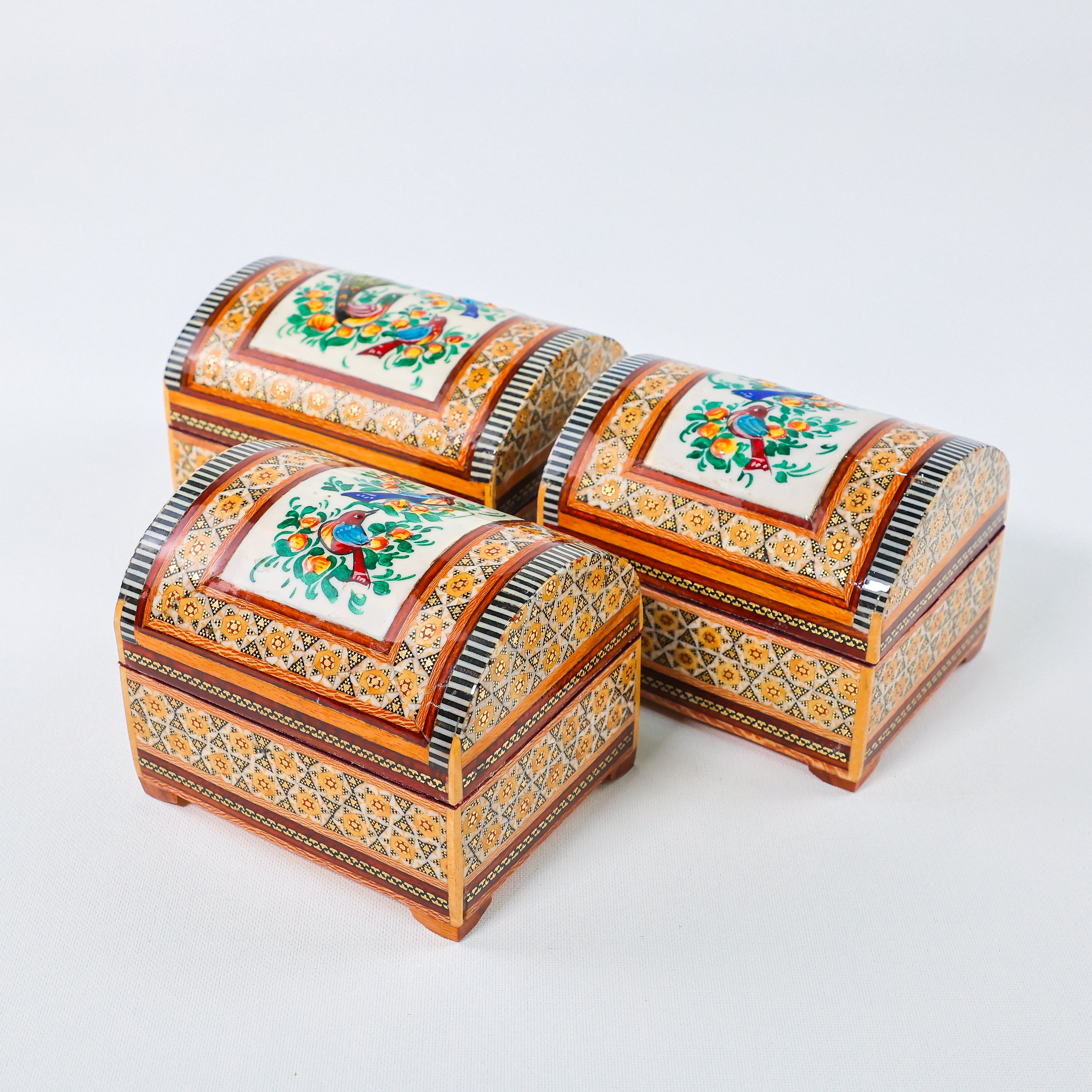 Khatam Chest – Flower & Bird Painting – Velvet Interior – Size 10 × 12 cm